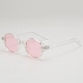 Retro oval sunglasses with transparent pink lenses and clear frames shown at a 45-degree angle - Transparent Frame Pink Lens