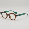 Modern irregular polygon sunglasses with amber frame and translucent green wavy temples - Tea Frame Green Legs Clear Lens