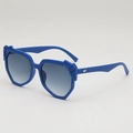 Irregular bright blue geometric sunglasses with gray gradient lenses and silver wing logo - Blue Frame Blue Lens