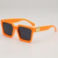 Fashionable square frame sunglasses in vibrant orange with dark lenses and gold hinges - Orange Frame Gray Lens
