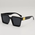 Classic black square sunglasses with gold metal rivet accents on temples for women - Black Frame Grey Lens