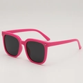 Pink square frame kids sunglasses with star rivets and dark lenses shown in a side view - Rose Red Frame Grey Lens