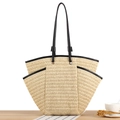 Handgefertigte Strohtasche in Creme mit schwarzem Lederbesatz und langen Griffen - Beige