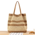 Borsa tote in paglia a righe marroni e beige con manici in pelle per la spiaggia estiva - Beige & Marrone