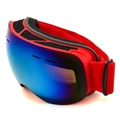 Red frame ski goggles with blue spherical lens and matching elastic headband on white background - Red Frame Blue Lens (C5/RED-BLUE)