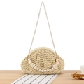 Pochette in paglia intrecciata beige con manico in perle di marmo e catena dorata - Beige
