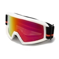 White frame ski goggles with orange mirrored lens and adjustable striped head strap - White/Red Lens (C5)