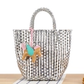 Silver woven plastic tote bag with a colorful horse charm for daily casual use - Silver (With Khaki Horse)