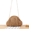 Khaki woven straw chain bag with wave texture for summer beach vacation and daily casual use - Camel (Crossbody Strap)