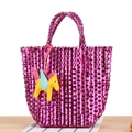Magenta woven handbag for beach vacations with colorful Pegasus leather charm pendant - Rose Red (With Bright Yellow Horse)