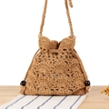 Handmade crochet cotton bucket bag in natural light brown with wooden bead drawstring - Camel
