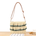 Beige woven straw crossbody bag with green ruffle trim and brown leather strap - Army Green Ruffle