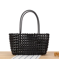 Minimalist black woven bucket bag with hollow design for beach or casual daily wear - Black (Rectangular)