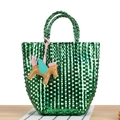 Vibrant emerald green woven handbag with stylish leather pegasus charm and dual handles - Green (With Khaki Horse)