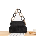 Handcrafted black straw woven tote bag featuring an elegant black and gold chain handle - Black