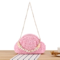 Pink woven handbag with cream marble beads and golden chain strap for summer style - Pink