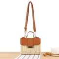 Borsa a tracolla in pelle marrone e paglia intrecciata beige con fibbia dorata su legno - Beige