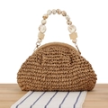 Stroh-Handtasche mit Marmor-Harzperlengriff in Naturkhaki für den Strandurlaub - Camel