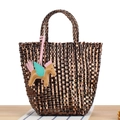 Bronze metallic woven plastic tote bag featuring a colorful Pegasus leather charm accent - Coffee (With Khaki Horse)