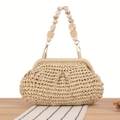 Beigefarbene handgewebte Stroh-Handtasche mit marmoriertem Perlengriff für den Urlaub - Beige