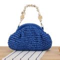 Blue woven dopamine handbag with marble beads and handle for summer seaside vacation - Blue