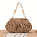 Dunkelkhaki handgefertigte Stroh-Handtasche mit Acrylgriff in Marmoroptik für den Urlaub - Camel