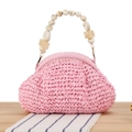 Pink woven handbag with colorful marbled beaded handle for stylish seaside vacation - Pink