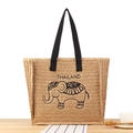 Sommerliche Web-Einkaufstasche in Beige mit schwarzer Elefantenstickerei und Thailand-Schrift - Camel
