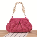 Handwoven straw handbag in vibrant rose red with marble resin bead handle and metal clasp - Rose Red