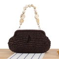 Dark brown straw woven handbag with marble texture resin bead handle for seaside vacation - Black Purple