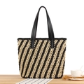 Große gestreifte gewebte Strandtasche mit schwarzen Ledergriffen in Beige und Schwarz - Schwarz Gestreift