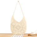 Handmade cream crochet hobo bag featuring hollow floral woven patterns and shoulder strap - Off White