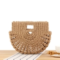 Borsa a mano in paglia intrecciata marrone chiaro con design a rete e manici in legno - Cammello
