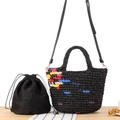 Borsa tote nera tessuta a mano con dettagli colorati e sacca interna con coulisse rimovibile - Nero (Con Fodera + Tracolla)