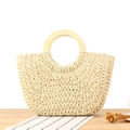 Handmade beige woven paper rope handbag with round wooden handles for summer - Beige