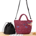 Borsa tote in paglia viola intrecciata a mano con sacchetto nero e manici in pelle - Viola (Con Fodera + Tracolla)