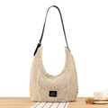 Elegante borsa a mezzaluna intrecciata beige con tracolla regolabile in pelle scura - Bianco Sporco