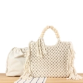 Handmade cream cotton macrame tote bag with wooden bead handles and tassels - Beige With Inner Lining