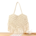 Sac cabas bohème fait main en corde de coton avec franges blanc crème pour la plage - Beige