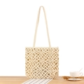 Beige cotton rope hollow flower woven tote bag with crochet sunflower pattern details - Beige