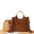 Brown macrame handmade cotton rope tote bag with beaded handle and fringe details - Brown With Inner Lining