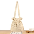 Cream handmade crochet shoulder bag for women with drawstring in minimalist vacation style - Beige