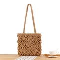 Handmade khaki cotton rope crochet flower tote bag with inner lining and shoulder straps - Camel