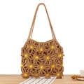 Borsa a tracolla all'uncinetto marrone con motivi floreali e accenti gialli - Cammello