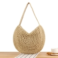 Handmade woven round straw shoulder bag in light camel for summer beach vacations - Beige