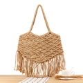 Sac fourre-tout bohème fait main en coton avec glands et bandoulières tressées en kaki beige - Camel