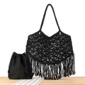 Borsa bohémien fatta a mano in corda di cotone nero con nappe e sacchetto interno coulisse - Nero + Borsa Interna