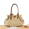 Borsa tote in paglia intrecciata a mano con manici marroni e chiusura a coulisse per spiaggia - Beige