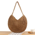 Handmade woven straw shoulder bag in earth brown with elegant hollow circular texture - Camel