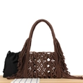 Dark brown handmade macrame tote bag with fringe details and inner drawstring pouch - Purple Coffee